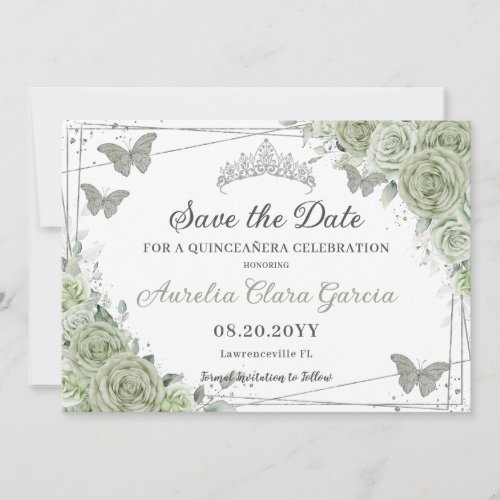 Sage Green Floral Silver Quinceanera Sweet Sixteen Save The Date