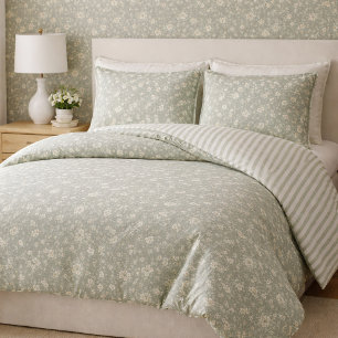 Sage Green floral softness and striped simplicity. Duvet Cover