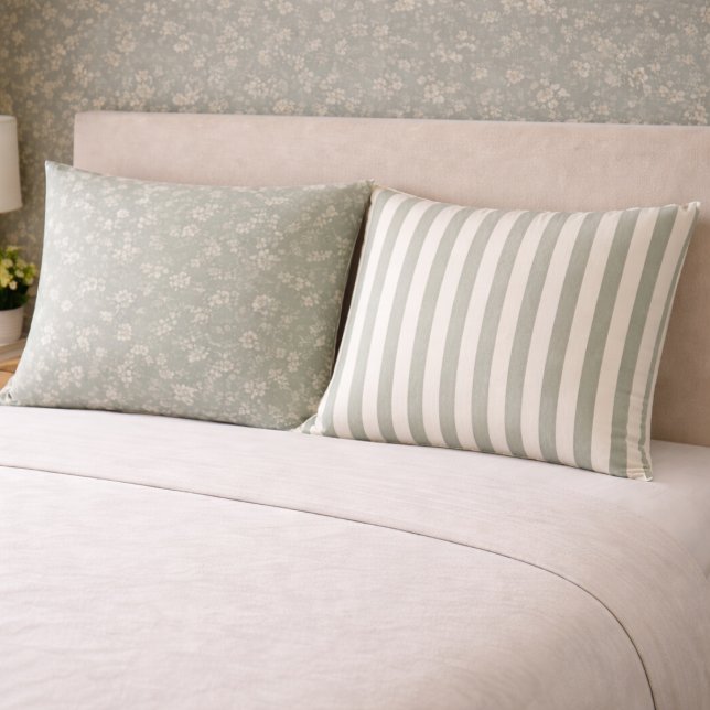 Sage Green floral softness and striped simplicity. Pillow Case (Creator Uploaded)