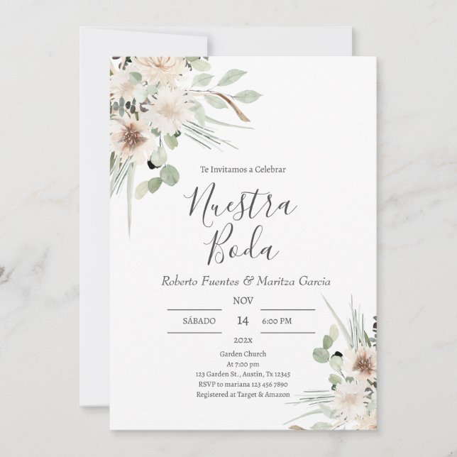 Sage Green Floral Spanish Wedding Invitation (Front)
