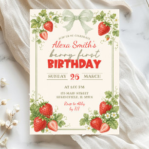 Sage Green Floral Strawberry Berry First Birthday Invitation