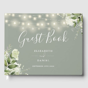 Sage Green Floral String Lights Photo Wedding Guest Book