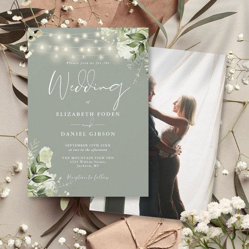 Sage Green Floral String Lights Photo Wedding Invitation