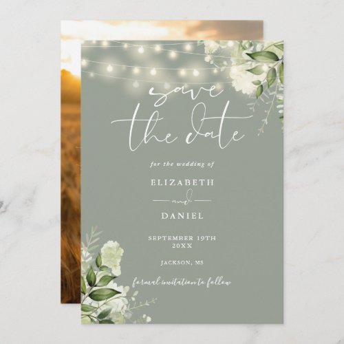 Sage Green Floral String Lights Photo Wedding Save The Date