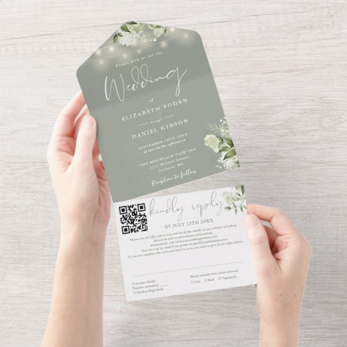 Sage Green Floral String Lights QR Code Wedding All In One Invitation