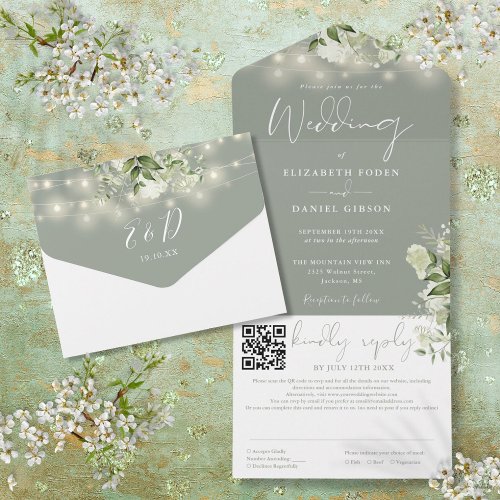 Sage Green Floral String Lights QR Code Wedding All In One Invitation