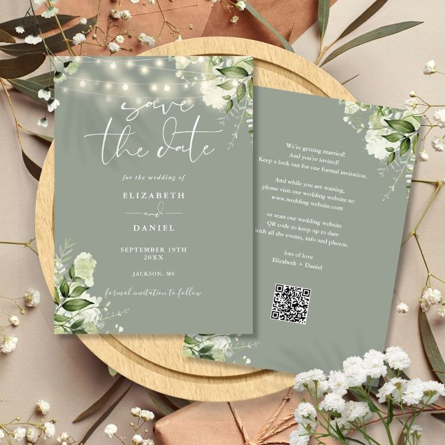 Sage Green Floral String Lights QR Code Wedding Save The Date (Sage Green Floral String Lights QR Code Wedding Save The Date)