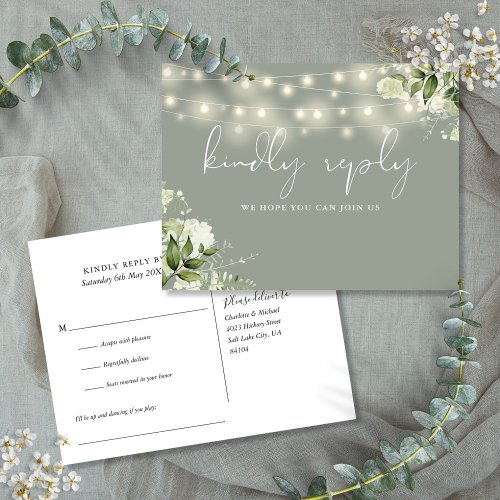 Sage Green Floral String Lights Song Request RSVP Invitation Postcard