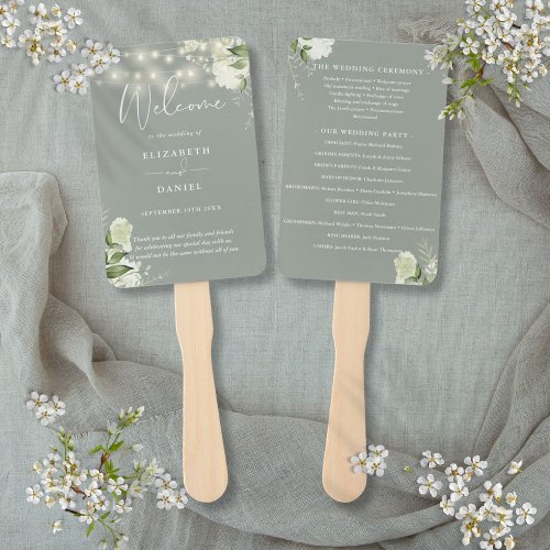 Sage Green Floral String Lights Wedding Program Hand Fan