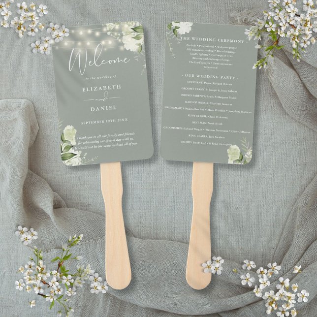 Sage Green Floral String Lights Wedding Program Hand Fan (Sage Green Floral String Lights Wedding Program Hand Fan)