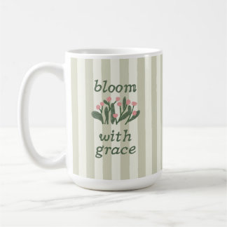 Sage Green Floral Stripe Grace Lettering Coffee Mug