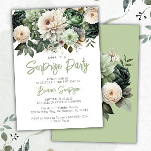 Sage Green Floral Surprise Birthday Party Invitation