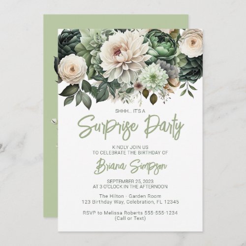 Sage Green Floral Surprise Birthday Party Invitation