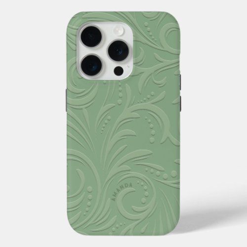 Sage Green Floral Swirls Monochromatic Monogram iPhone 15 Pro Case