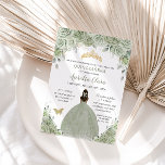 Sage Green Floral Tan Brown Princess Quinceañera  Invitation<br><div class="desc">This chic Quinceañera invitation features a quince girl dressed in a sage green dress and lovely watercolor sage green floral and soft greenery foliage. Personalize it with your details easily and quickly, simply press the customise it button to further re-arrange and format the style and placement of the text. Also...</div>