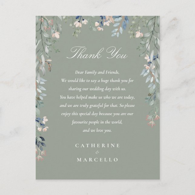 Sage Green Floral Thank You Wedding Place Card (Front)
