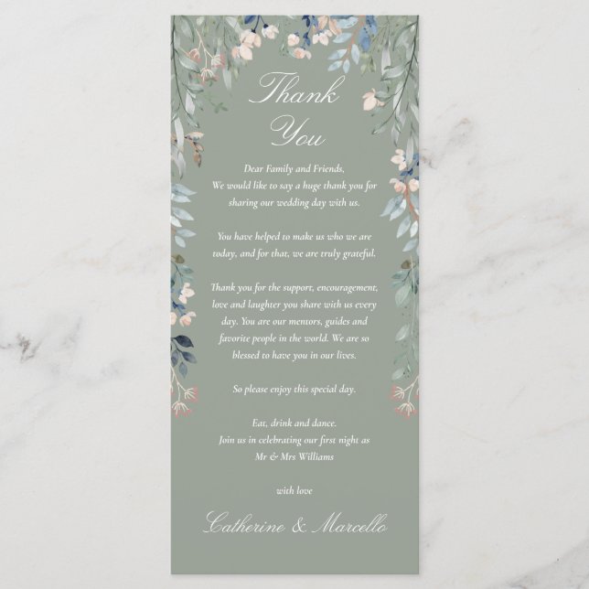 Sage Green Floral Thank You Wedding Place Card (Front)