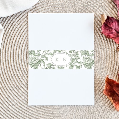 Sage Green Floral Toile Monogram Wedding Invitation Belly Band
