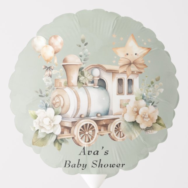 Sage Green Floral Train Boy Baby Shower Balloon (Front)
