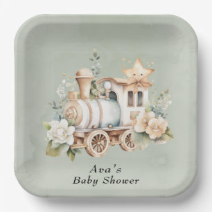 Sage Green Floral Train Boy Baby Shower Paper Plates