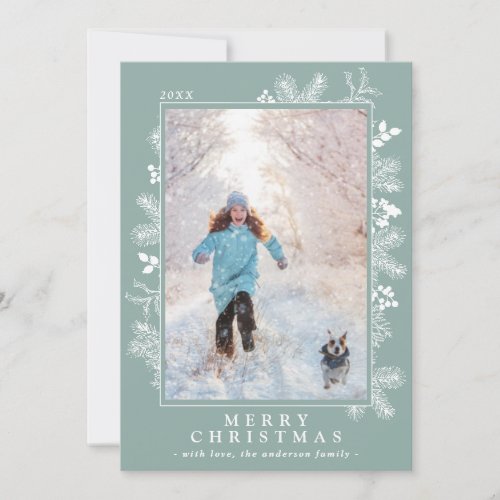 Sage Green Floral  Vertical 1 Photo Christmas Holiday Card