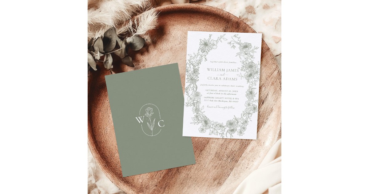 Sage Green Floral Vintage Botanical Wedding Invitation | Zazzle