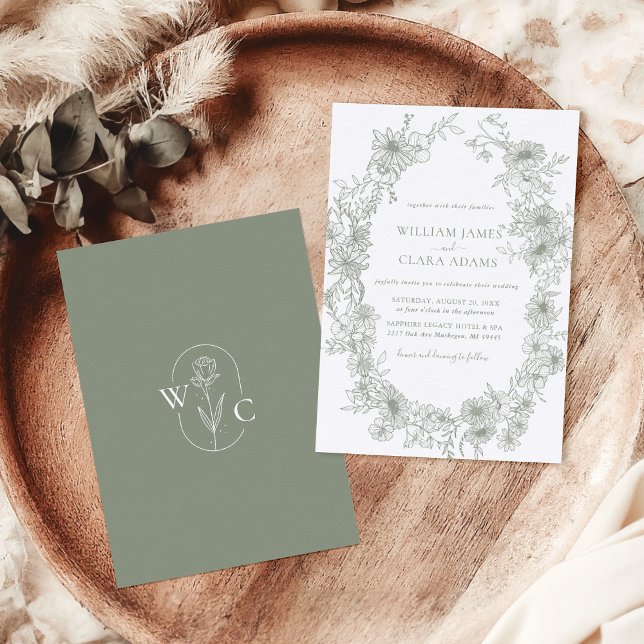 Sage Green Floral Vintage Botanical Wedding Invitation (Creator Uploaded)
