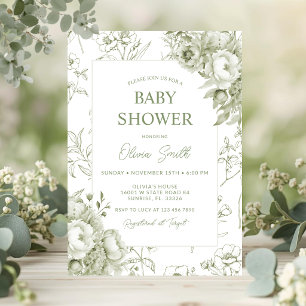 Sage Green Floral Vintage Chinoiserie Baby Shower Invitation