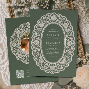 Sage Green Floral Vintage Lace Classic Wedding Invitation