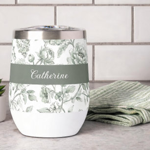 Sage Green Floral Vintage Toile Monogram Name Thermal Wine Tumbler