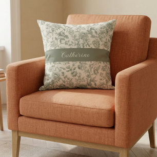 Sage Green Floral Vintage Toile Monogram Name Throw Pillow