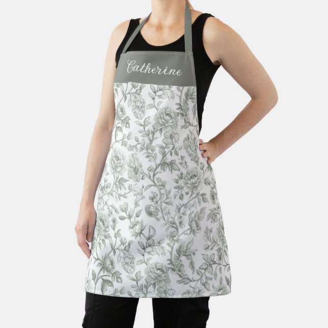 Sage Green Floral Vintage Toile Pattern Apron (Insitu)