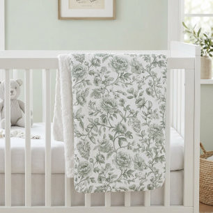 Sage Green Floral Vintage Toile Pattern  Baby Blanket