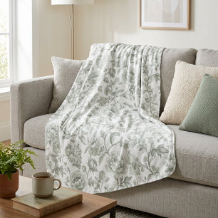 Sage Green Floral Vintage Toile Pattern  Fleece Blanket