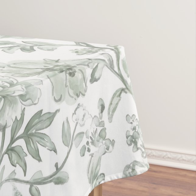 Sage Green Floral Vintage Toile Pattern  Tablecloth (In Situ)