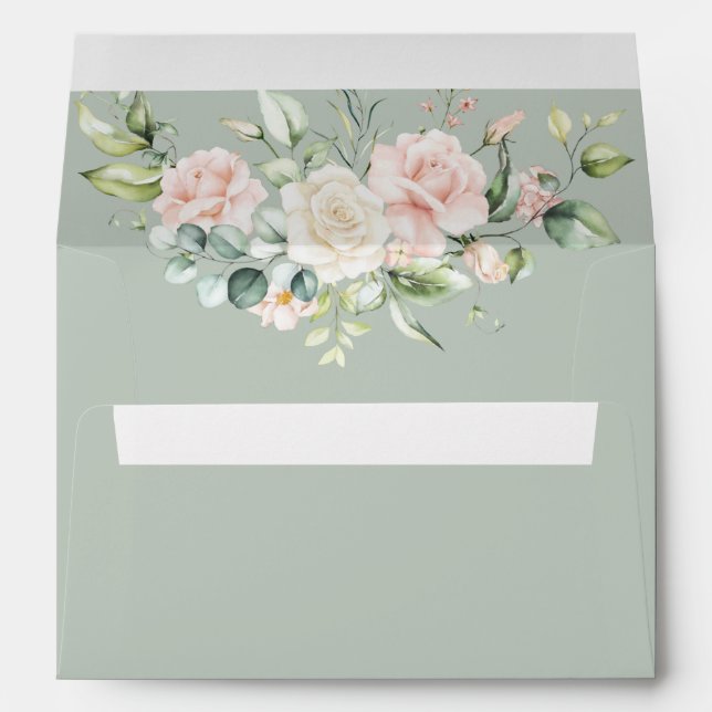 Sage Green Floral Watercolor Elegant Wedding Envel Envelope (Back (Bottom))
