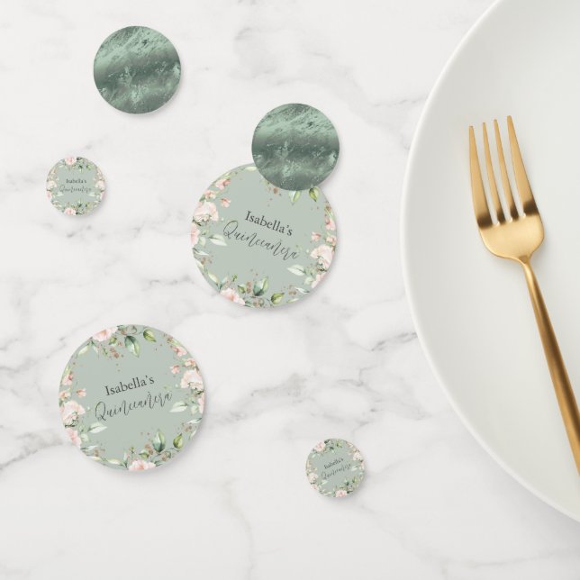 Sage Green Floral Watercolor Glitter Quinceañera  Confetti (Group)