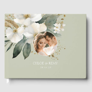 Sage Green Floral Watercolor Photo Wedding Guest Book