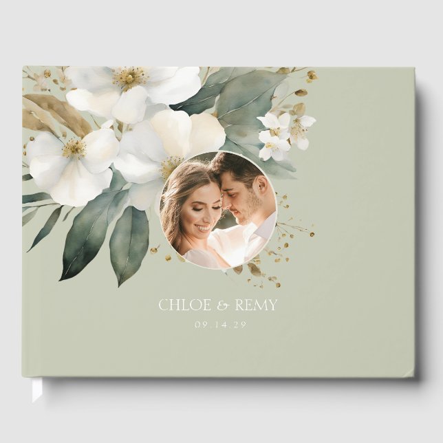 Sage Green | Floral Watercolor Photo Wedding  Guest Book (Front)