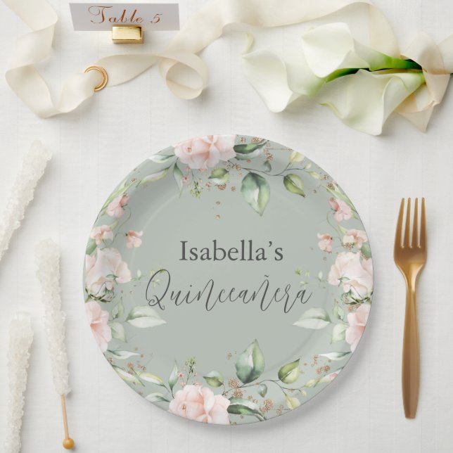 Sage Green Floral Watercolor Quinceañera Paper Paper Plates (Wedding)