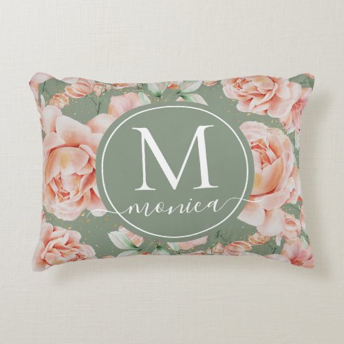 Sage Green Floral Watercolor Rose Pattern Monogram Accent Pillow