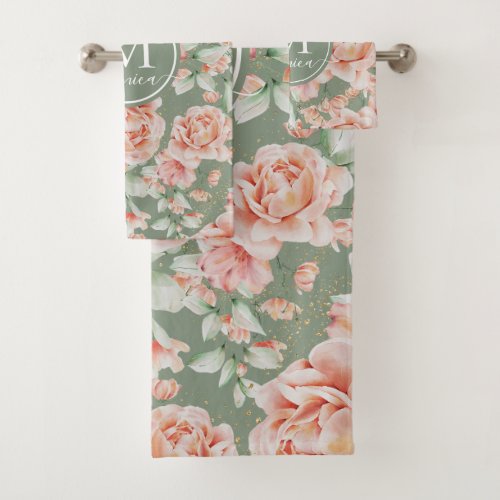 Sage Green Floral Watercolor Rose Pattern Monogram Bath Towel Set