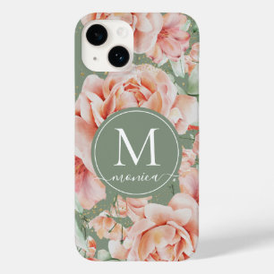 Sage Green Floral Watercolor Rose Pattern Monogram Case-Mate iPhone 14 Case
