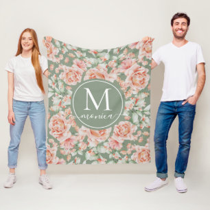Sage Green Floral Watercolor Rose Pattern Monogram Fleece Blanket