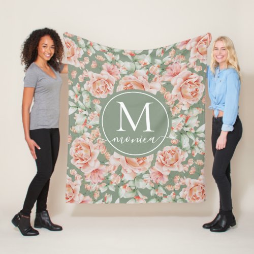 Sage Green Floral Watercolor Rose Pattern Monogram Fleece Blanket