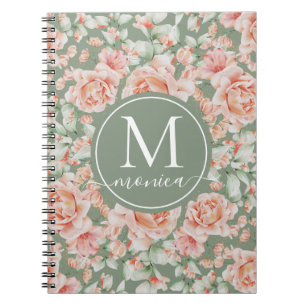 Sage Green Floral Watercolor Rose Pattern Monogram Notebook