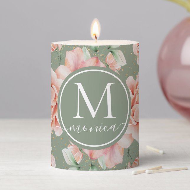 Sage Green Floral Watercolor Rose Pattern Monogram Pillar Candle (In Situ)