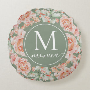 Sage Green Floral Watercolor Rose Pattern Monogram Round Pillow