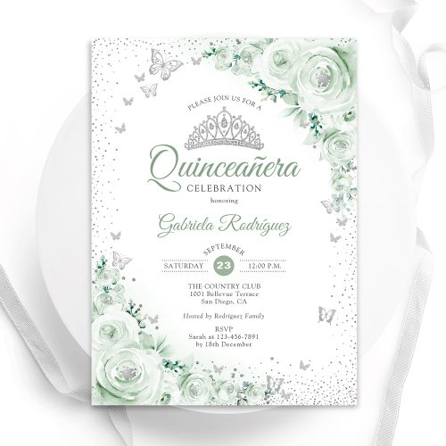 Sage Green Floral Watercolor Roses Quinceanera Invitation