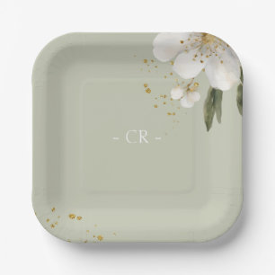 Sage Green Floral Watercolor Wedding Initials Paper Plates